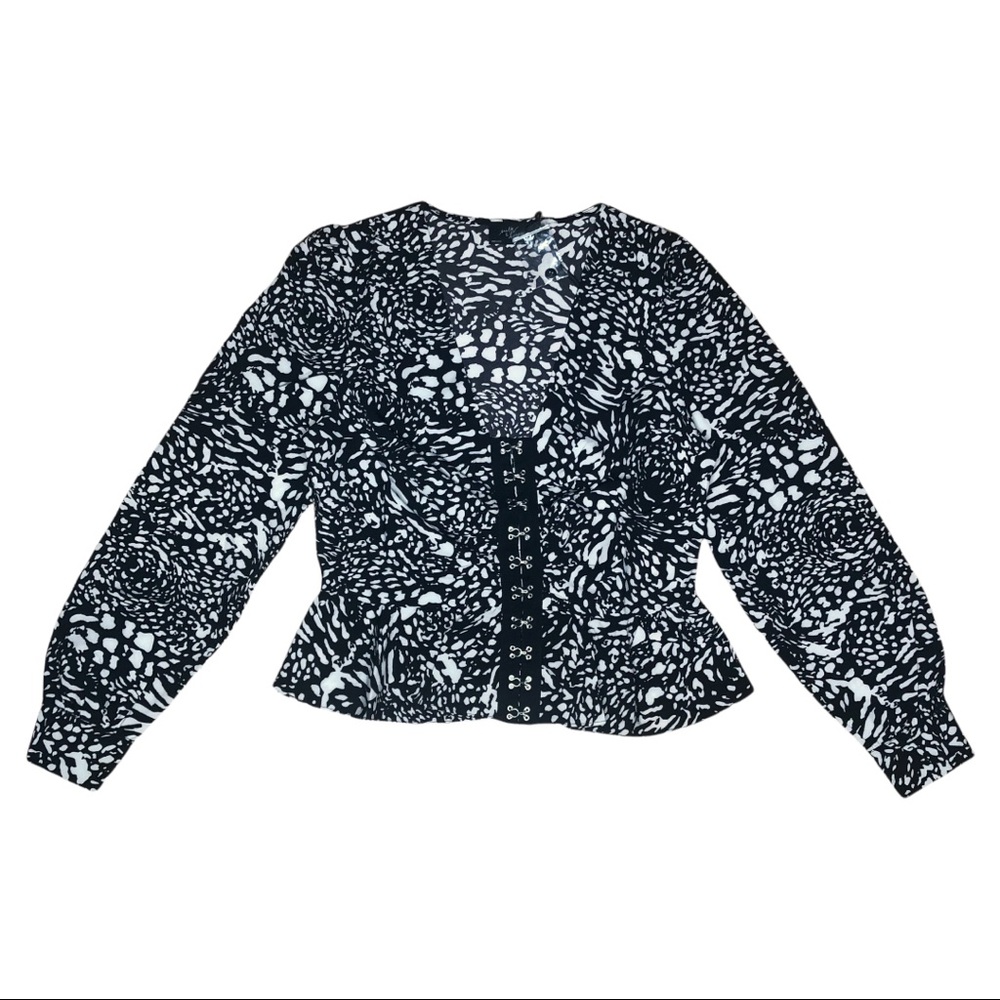 NWOT Black & White Print Long Sleeve Corset Peplum Top. Size Small - Picture 2 of 8